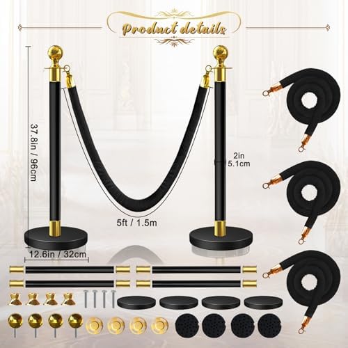4 Pcs Black & Gold Stanchions with Velvet Ropes with 3 Pcs 5 Ft Black Velvet Ropes Carpet Ropes Posts Stanchion Set for Crowd Control Barriers for Weddings, Events, Hotels, and Party Decor - Image 2