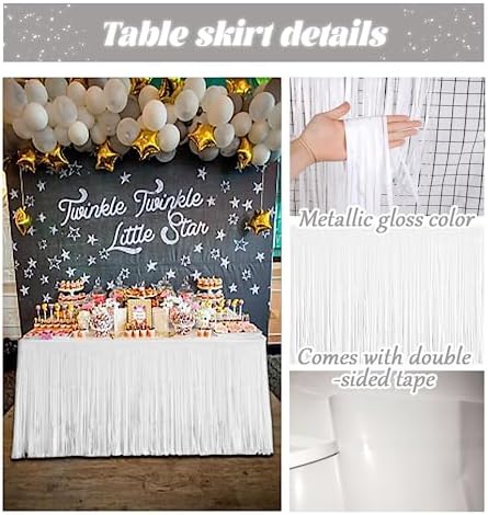 6 PCS White Metallic Foil Fringe Tinsel Table Skirts 9 Feet x 29.5 Inch - Image 3