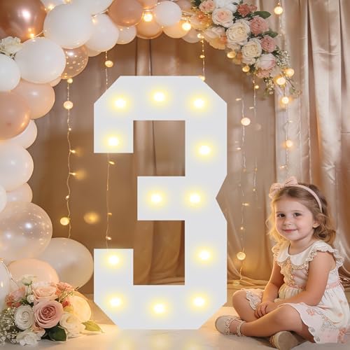 Pooqla 2.4FT Light Up Numbers, Marquee Numbers 2.4 Feet Tall Party Decor for Her Him, Mosaic Big Sign for 3rd 13th 30th Birthday Anniversary Decoration Backdrop, Large Pre-Cut Frame Number 3 by Pooqla