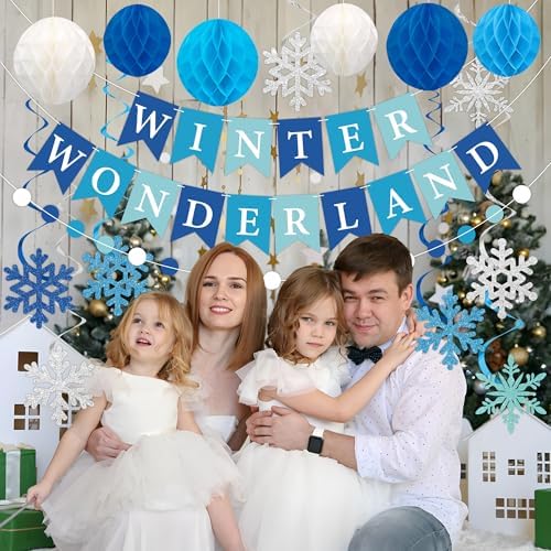 Winter Wonderland Party Decoration Winter Wonderland Banner with Pre-Strung Snowflake Hanging Swirls Blue White Honeycomb Balls Circle Dots Garland for Christmas Holiday Birthday Party Decoration - Image 6