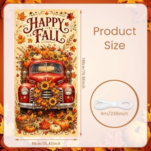 Happy Fall Vertical Door Banner, 35×71 Inch Autumn Front Door Hanging Flag Decor with Vintage Red Truck Pumpkins Sunflower Maple Leaves Backdrop Design for Farmhouse Porch Yard Thanksgiving Harvest - Image 2