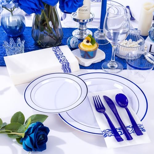 WELLIFE 700 Pcs Blue Plastic Plates for 100 Guests - Plastic Dinnerware Set,Party Supplies Includes 200 Blue Plates,300 Disposable Silverware,100 Napkins,100 Cups - Image 5