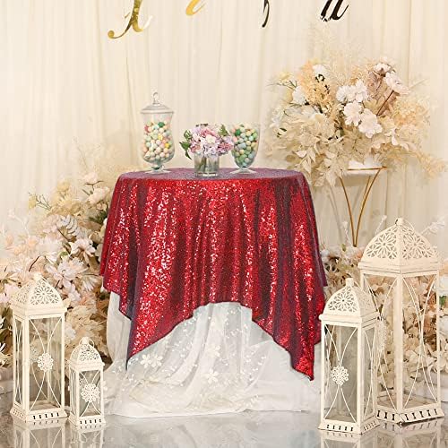 Eternal Beauty Red Square Sequin Tablecloth Sparkly Overlay for Wedding Party Birthday Baby Shower Christmas 48"x48" - Image 4