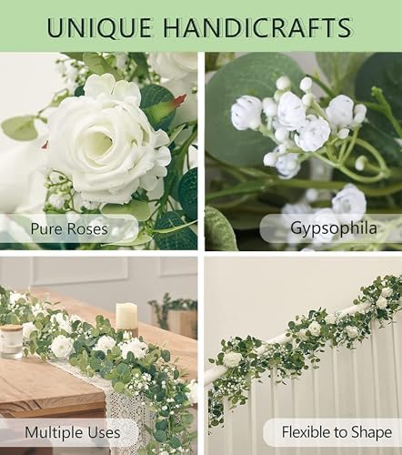Anna's Whimsy 5.91FT Artificial Eucalyptus Garland with Flowers, Fake Flower Rose Gypsophila, Faux Floral Greenery Garland for Wedding Spring Home Party Craft Art Table Runner Decor - Image 4