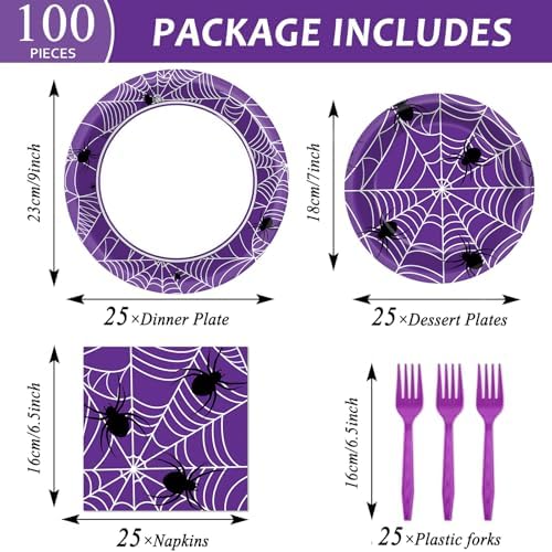 Qyeahkj 100 Pcs Halloween Birthday Party Supplies Paper Plates and Napkins Set Disposable Spider Web Tableware Decorations for Halloween Theme Baby Shower Serves 25 - Image 2