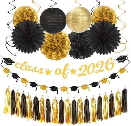 Black Gold Graduation Party-Decorations Garland - 36pcs Congrats Grad Class 2026 Banner,Hat Hanging Streamers,College High School Congratulations Master Celebration Classroom Backdrop Decor Burgleda by Burgleda