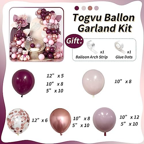 Burgundy Pink Balloon Garland Arch Kit, Burgundy Ruby Red Dusty Purple Pastel Pink Metallic Rose Gold Confetti Balloon Arch Kit for Women Girls Birthday Wedding Baby Bridal Shower Party Decorations - Image 2