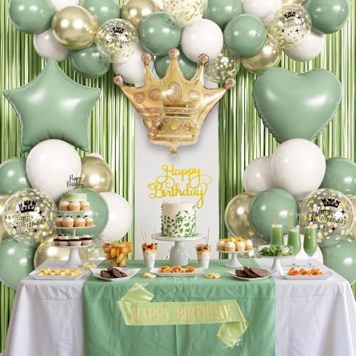 Sage Green Birthday Decorations with Olive Green Fringe Curtain Sash Foil Balloon Eucalyptus White Gold Latex Balloons Happy Birthday Banner for Girls Women Party Decoration - Image 7