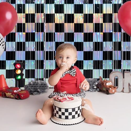 4 Pack 3.3Ft x 6.6Ft Race Car Checkered Foil Fringe Curtain Backdrop Decorations, Black Iridescent Metallic Tinsel Foil Streamers Curtain Photo Booth for Race Car One Happy Dude Birthday Party Decor - Image 5
