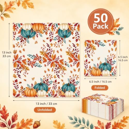50PCS Fall Napkins 13 x 13 Inches, Maple Leaf Pumpkin Themed Paper Napkins Luncheon Dessert Cocktail Napkins Disposable for Autumn Harvest Thanksgiving Party Decorations (Fall) - Image 2