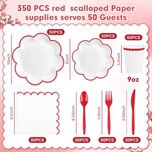 350 Pcs Red and White Paper Plates and Napkins Set, Serve for 50 Guests - Image 2