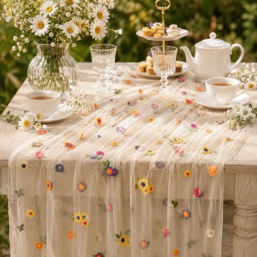 4 Pcs Flower Table Runner 29x72 Inch Champagne Daisy Tulle Decor - Image 3