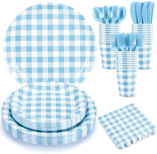 NatNarr 175 Pcs Blue Gingham Party Supplies Set For 25 Guests by NatNarr