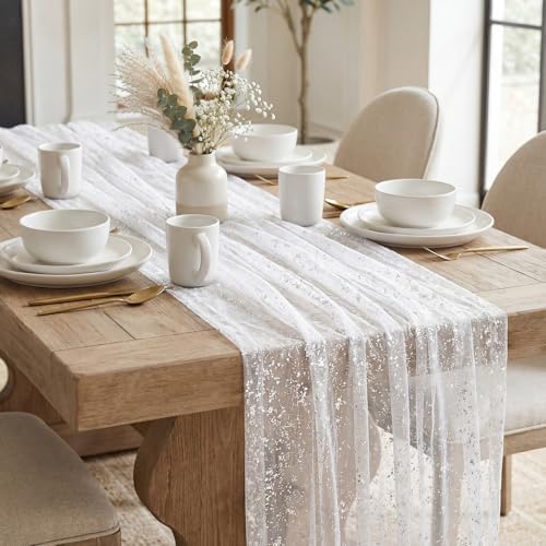 Artoid Mode White Silver Gauze Table Runner 59x120 Inch 10FT, Glitter Metallic Foil Sheer Dining Holiday Wedding Anniversary Birthday Table Decor for Home Party - Image 2