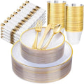 Morejoy 350PCS Clear Gold Plastic Plates - Disposable Gold Party Plates by Morejoy