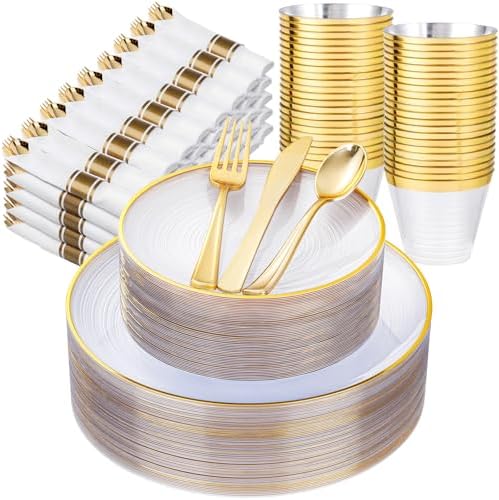Morejoy 350PCS Clear Gold Plastic Plates - Disposable Gold Party Plates by Morejoy