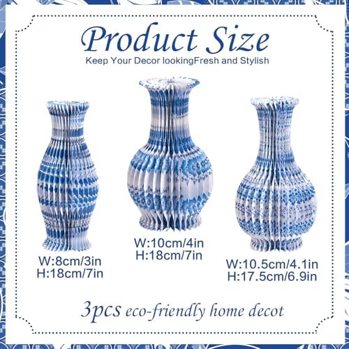 SUNBEAUTY 3 Pcs Blue and White Paper Honeycomb Vases, Mini Chinoiserie Vintage Paper Vase Set with Magnetic Closure, Chinese Style Table Centerpieces for Wedding,Baby Shower, Home & Party Decor - Image 2
