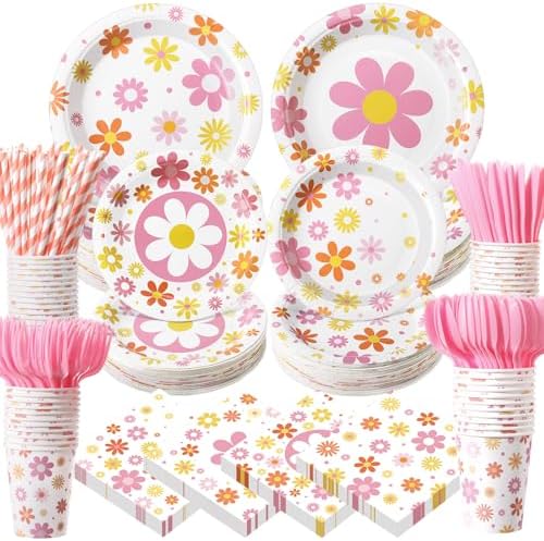 450 Pcs Groovy Daisy Flower Tableware Set, Serve 50, Colorful by Unknown
