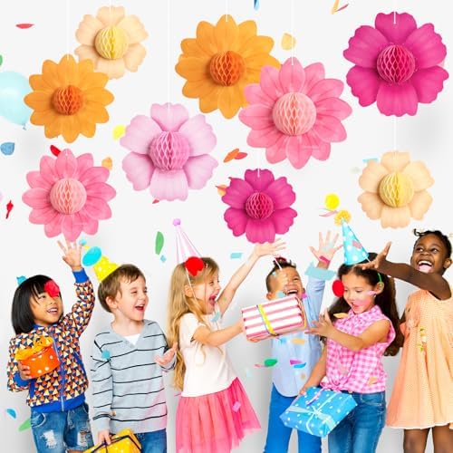 SUNBEAUTY Pink Orange Party Decorations, 9Pcs Paper Flowers Honeycomb Hanging Decor Tissue Flower Pom Poms for Girl Women Birthday Groovy Sunset Party Fall Bridal Shower Wedding Classroom - Image 6
