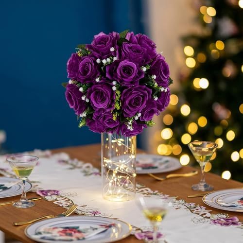BLOSMON Flower Balls Wedding Rose Centerpieces 6 Pcs Purple Fake Flowers with Base Kissing Balls Decor Artificial Floral Arrangements Flower Bouquet of Roses Home Party Table DIY Decorations - Image 2
