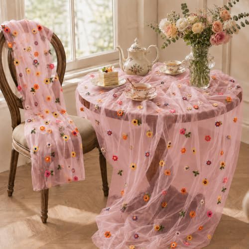 4 Pcs Flower Table Runner 29x72 Inch Pink Daisy Floral Tulle Decor - Image 4