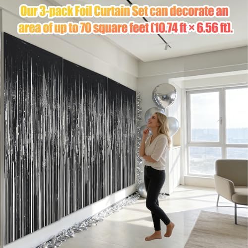 3 Pack 3.28ft x 6.56ft Black Metallic Tinsel Foil Fringe Curtains, Photo Booth Backdrop Party Decorations for Birthday Wedding Baby Shower Graduation Bachelorette New Years - Image 3