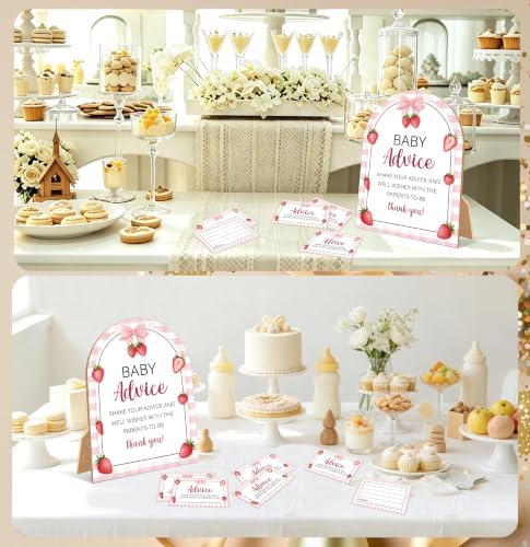 Sweet Berry Baby Shower Games, Strawberry Advice For Parents To Be, 6x8 Inch Arch Wooden Sign With Stand And 50 Advice Cards, Gender Reveal Party Supplies & Decorations -LN011 - Image 5