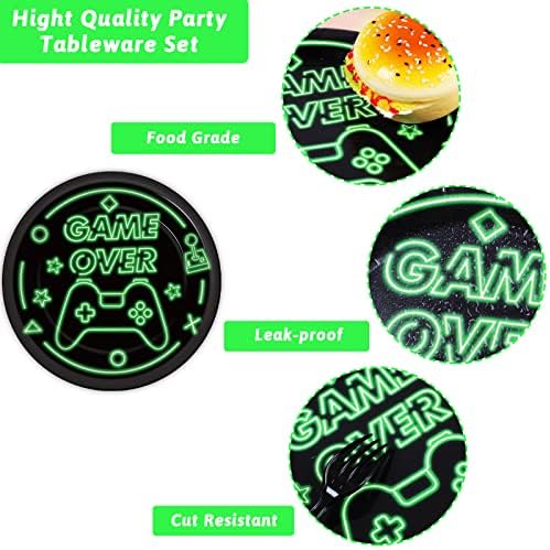 96pcs Video Game Party Supplies Tableware Set Neon Game On Paper Plates and Napkins Green Gaming Birthday Party Decorations Favors for Boys Kids Gamer Baby Shower,Serves 24 - Image 4