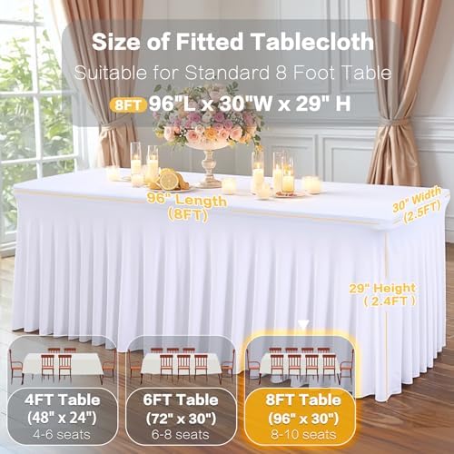 Shillance 6 Packs White Spandex Table Covers 8 Foot, Fitted Stretch Table Cloth with Skirts 96x30 Inch, Wrinkle-Free Floor Length Rectangle Tablecloths for Weddings Parties Banquets Events - Image 3