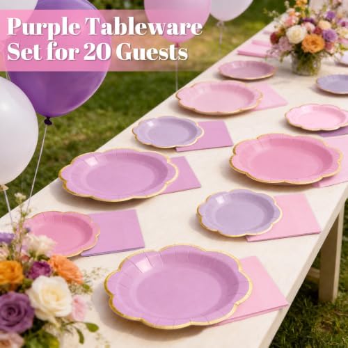 OuMuaMua 60pcs Pink and Purple Disposable Paper Plates & Napkins Set for 20 - Image 6