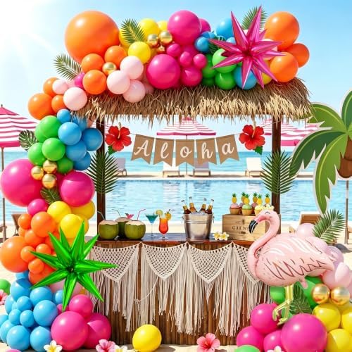 157PCS Flamingo Tropical Luau Balloons Arch Garland Kit, Olive Green Hot Pink Orange Blue Yelloow Gold Balloons with Foil Star Balloons for Summer Beach Aloha Pool Party Decorations Supplies - Image 6