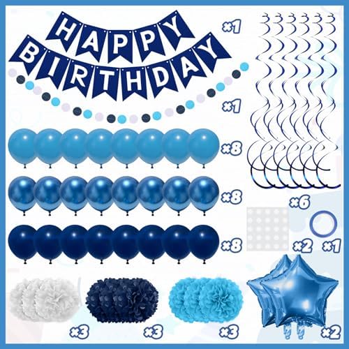 Navy Blue Birthday Decorations, Happy Birthday Banner with Paper Pompoms, Hanging Swirls, Garland, Party Balloons Happy Birthday Party Decorations for Women Men Boys Girls - Image 2
