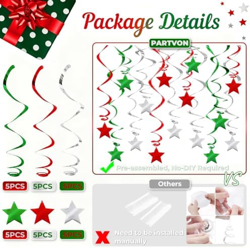 30 Pcs Red Green Silver Hanging Swirl Decorations Foil Ceiling Streamers - Image 4