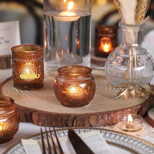 DARJEN 12Pcs Amber Votive Candle Holders - Vintage Glass Candle Holders for Flameless LED Tea Waxes, Tealight Candle Holder for Wedding & Home Table Decor, Vintage Parties - Image 5