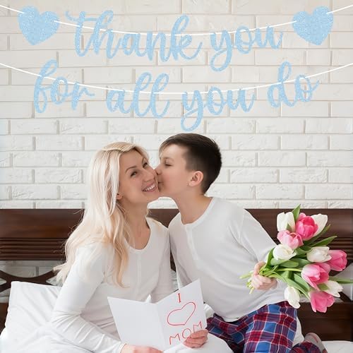 Pre-strung Thank You for All You Do Banner - Light Blue Glitter Appreciation Party Decorations Supplies for Family elders Employee Coworker Staff Teacher, Photo Booth Prop - Image 4