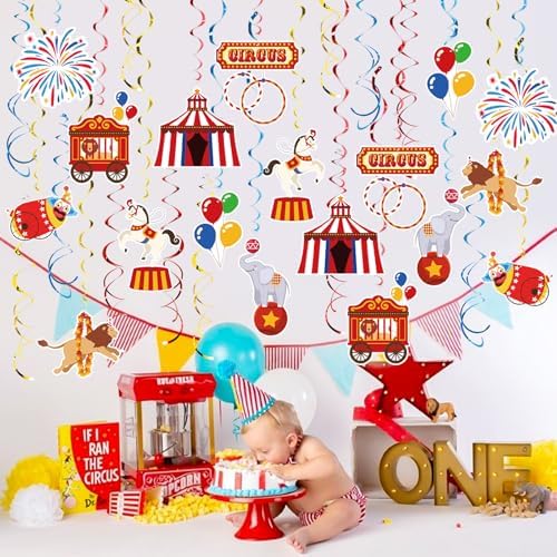 Carnival Hanging Swirl Set Party Decorations, 48 Pcs, Circus Joker Balloon Party Supplies Sign,Red Blue Yellow - Image 4