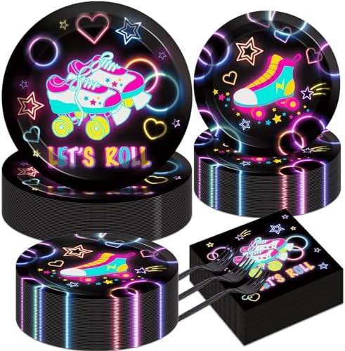 50 Guests Roller Skating Plates and Napkins Party Supplies Retro Roller Skate Party Decorations Disposable Tableware Set Let's Roll Dinnerware Favor for Boys Girls Teens Birthday, 200PCS by Qyeahkj