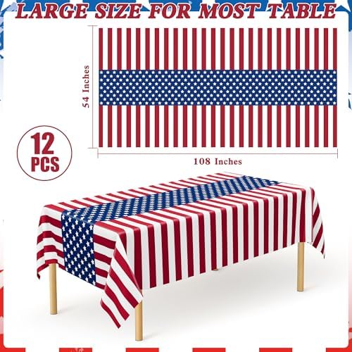 QZYL 12 Pack Plastic 4th of July Tablecloths, Red White Blue Party Supplies - Image 2