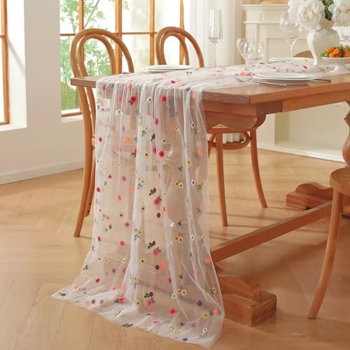 3pcs White Embroidery Daisy Fall Table Runner 10ft Florals Seasonal Tulle Table Runner Holiday Kitchen Dining Table Decoration for Home Party Indoor - Image 6