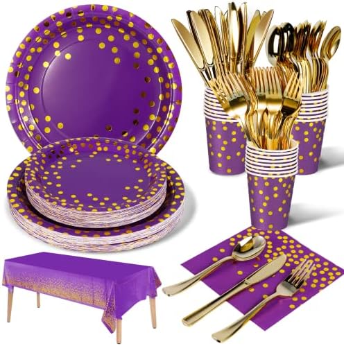 Nkaiso 141Pcs Purple Gold Paper Plates and Napkins Party Supplies for20 by Nkaiso