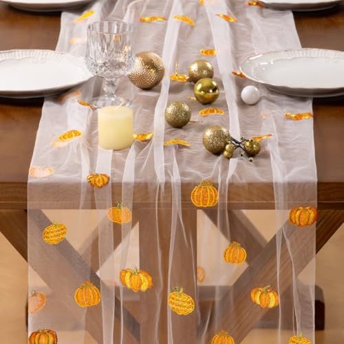 Pumpkin Table Runner Fall Tulle Gauze Sheer Cheesecloth Party Home Decor - Image 2