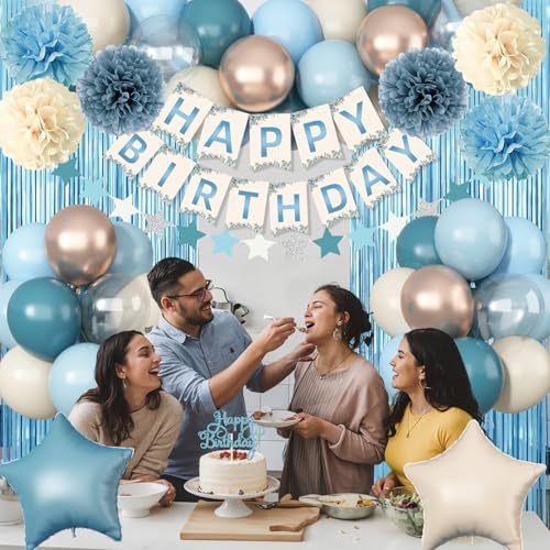 Blue Birthday Decorations, Retro Dusty Blue Sand White Gold Party Balloon Kit with Happy Birthday Banner Fringe Curtain Background Pom Poms Cake Topper for Baby Boys Girl Women Men Bday Decor Supplies - Image 3