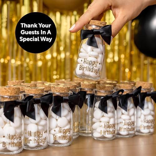 Ethisa Vintage 12 Pack Adult Birthday Party Favors Glass Bottles with Ribbons and Stickers - Classy Happy Birthday Favors and Table Centerpieces Decorations - Sturdy Candy Jar for Guests and Kids - Image 3