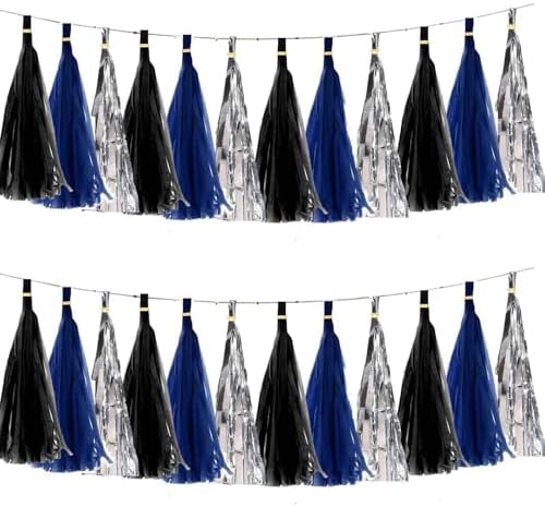 We Moment Black Navy Blue and Silvery Tissue Paper Tassels Party Tassel Garland Banner for Black Blue Party Decorations, DIY Kits,15PCS by We+Moment