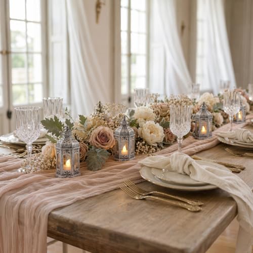 LLQ 12Pcs Mini Silver Lantern with LED Tea Light, Vintage Hanging Moroccan Small Lanterns Decorative, Battery Included, for Ramadan, Wedding, Halloween, Christmas, Diwali Table Centerpiece - Image 3