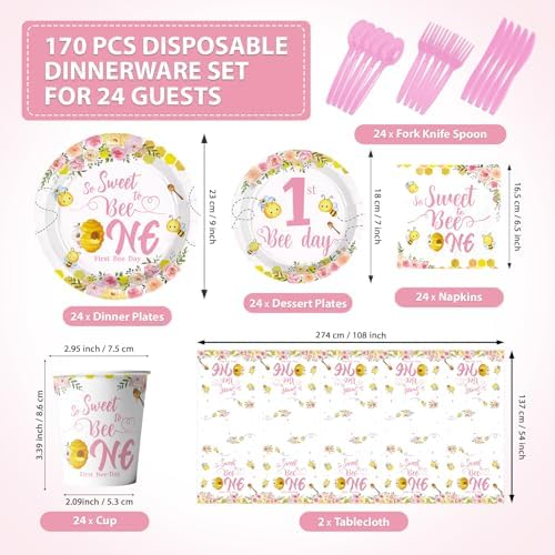 170 Pcs First Bee Day Pink Birthday Party Decorations, Serves 24 - Image 2