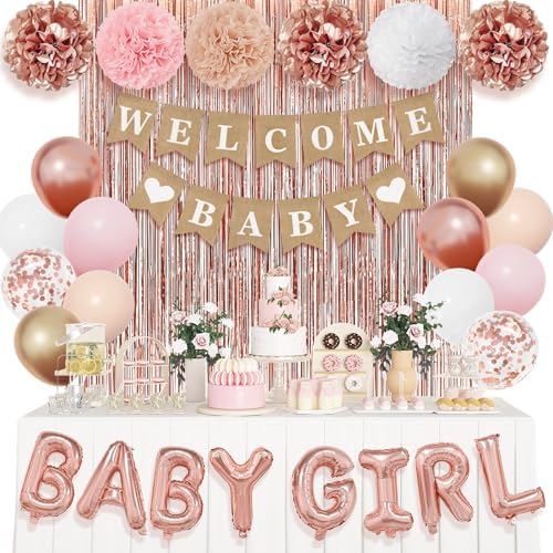 Ouddy Party Rose Gold Baby Shower Decorations for Girls with Fringe Curtain by OuddyParty