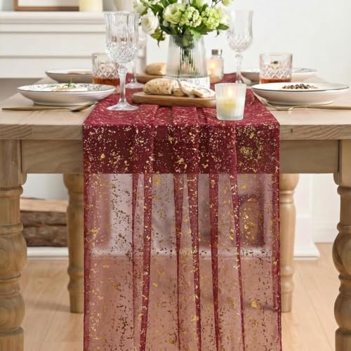 Artoid Mode 6PC Burgundy Gold Gauze Table Runner 120 Inch 10FT, Glitter Metallic Foil Sheer Dining Wedding Anniversary Holiday Birthday Table Decor for Home Party - Image 2