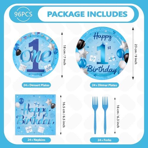 96Pcs Blue 1st Birthday Party Decorations for One Year Old, Serves 24 - Image 5