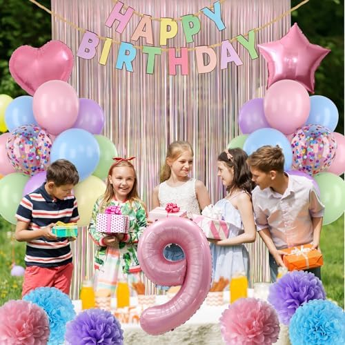 Pastel 9th Birthday Colorful Party Decorations Girls Pink Number 9 Balloon - Image 4
